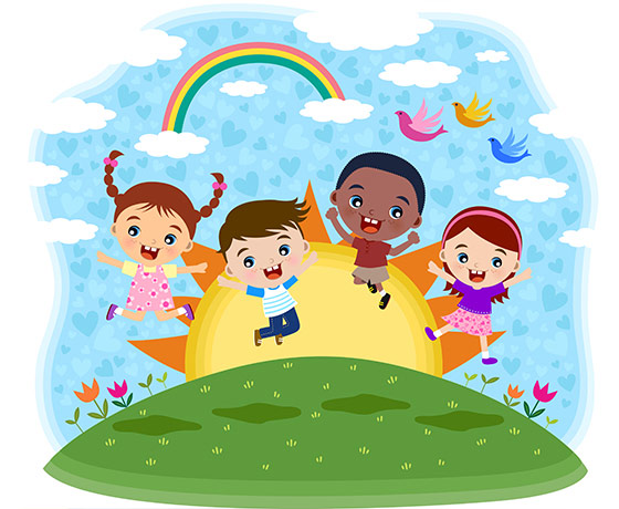 Ilustracja bawiących się dzieci w Tęczowej Dolinie.